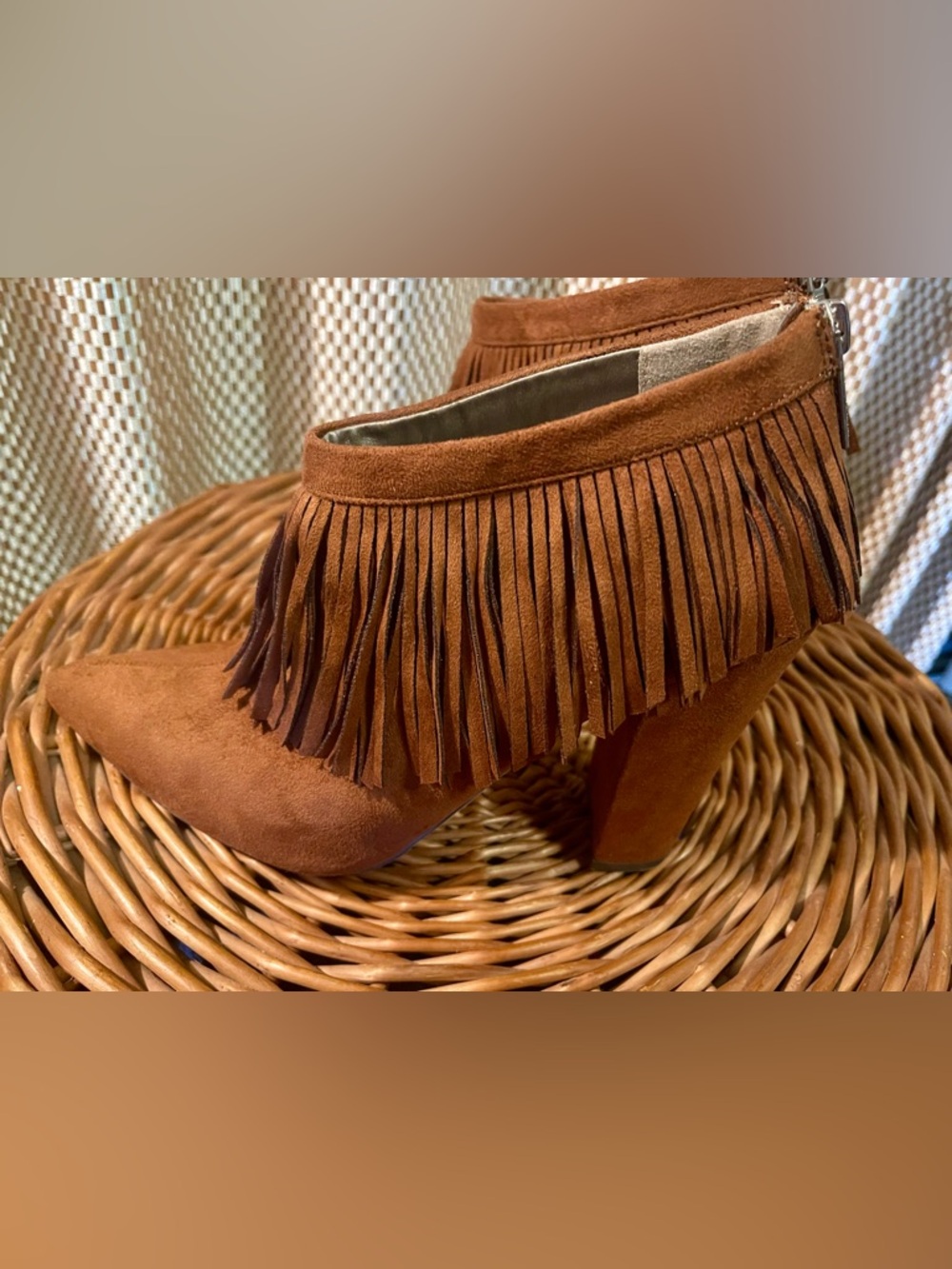 Michael Antonio Cognac Suede Fringe Heeled Ankle Boots, Size 9